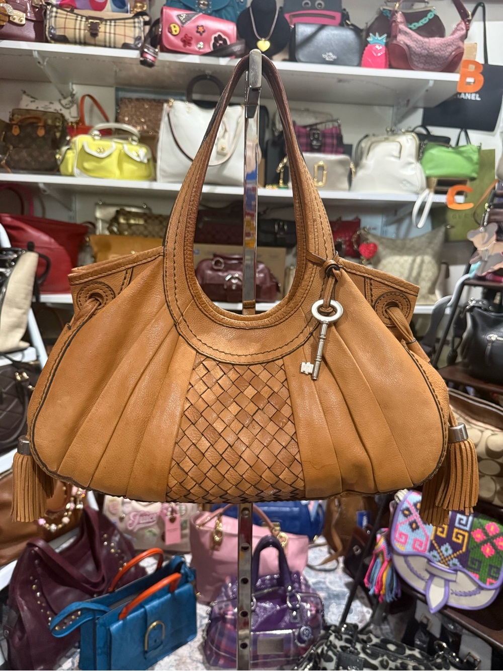 Fossil Vintage Camel Woven Leather Shoulder Bag with Tassel and Key Charm